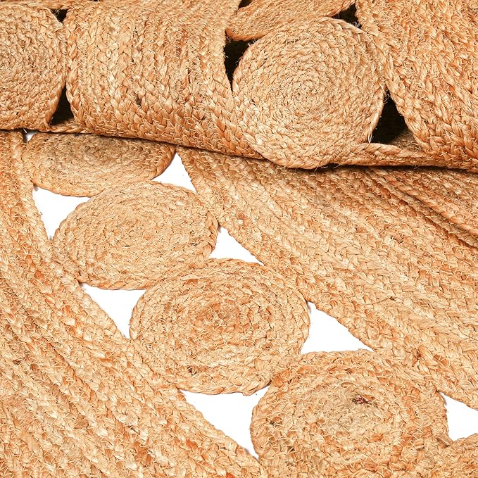 Hand Woven Jute Area Rug - 8' Round - Rustic Beige Reversible Farmhouse Rugs for Bedroom, Kitchen, Living Room - Vintage Natural Braided Entry Floor Décor Circle Boho Round Rugs 8ft