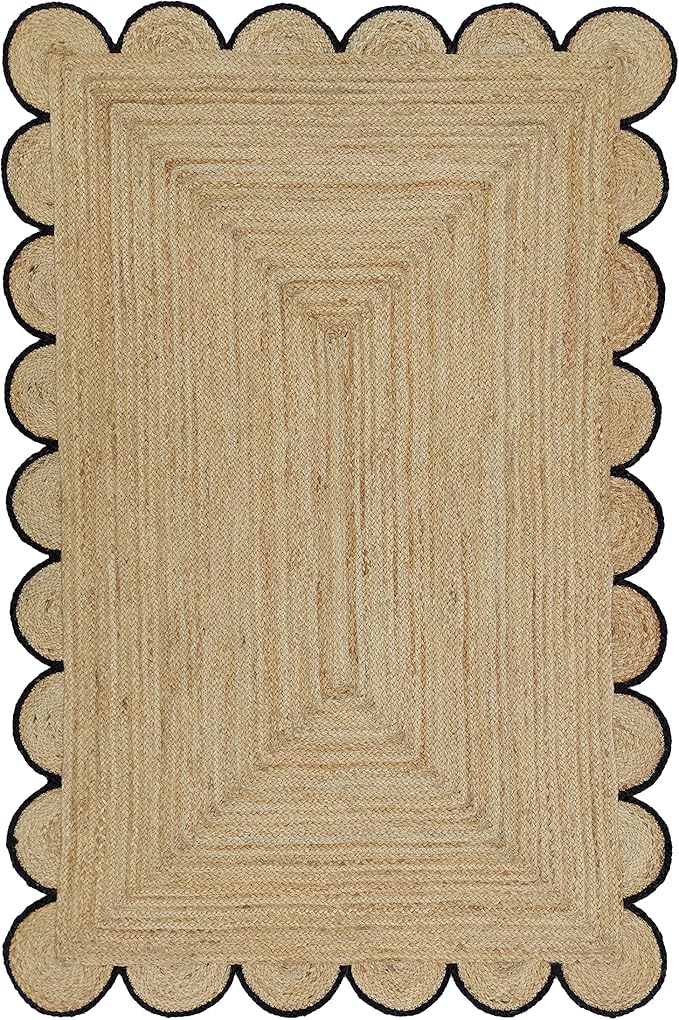 Scalloped Natural Jute Area Rug, Black Trim, 9'x12'