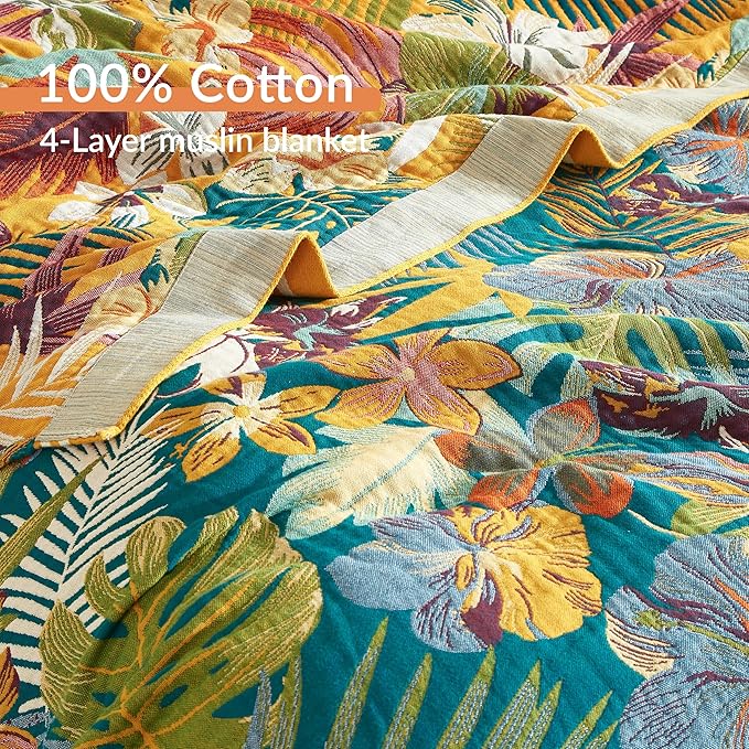 Boho Throw Blanket for Bed 80”x90”, 100% Cotton Woven Blanket for Couch Sofa, Ultra Soft 4-Layer Muslin Quilt with Floral Printed, Farmhouse Bed Blanket/Cover for Living Room Decor