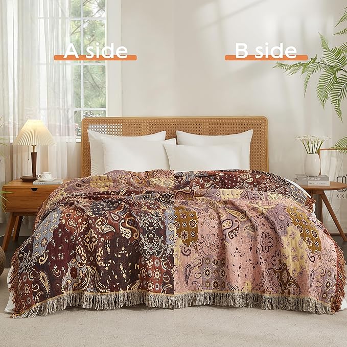 Boho Throw Blanket for Bed 90”x98”, 100% Cotton Woven Blanket for Couch Sofa, Ultra Soft 4-Layer Muslin Quilt with Floral Printed, Farmhouse Bed Blanket/Cover for Living Room Decor