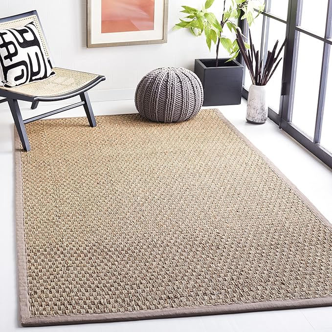 SAFAVIEH Area Rug 5x8 - Natural Fiber Collection - Natural & Grey, Seagrass, Basketweave Pattern with Border (NF114P)