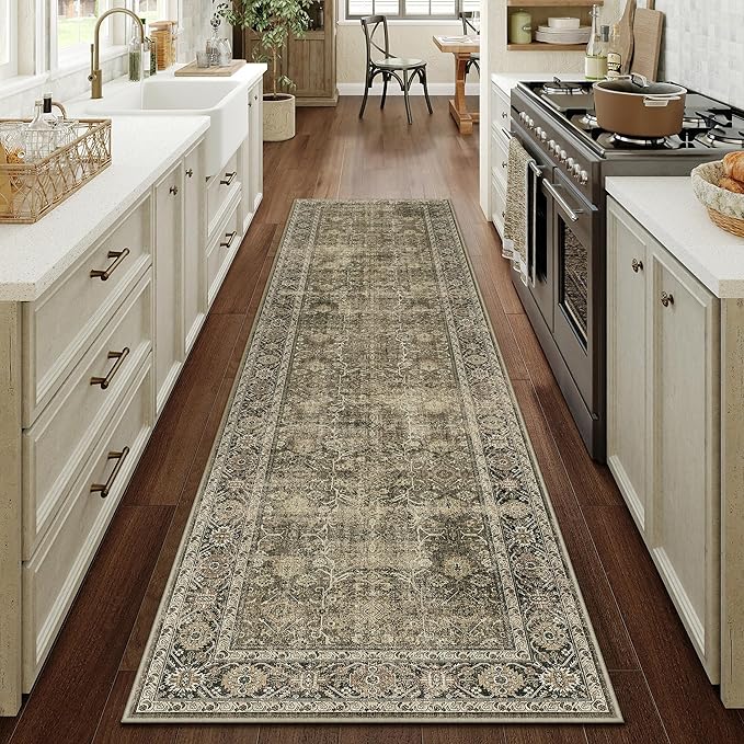 Light Brown 3x10 Vintage Area Rug Hallway Indoor Kitchen Washable Living Room Carpet Tribal Distressed Rug Retro Accent Throw Rug for Office Dining Room Bathroom Faux Wool