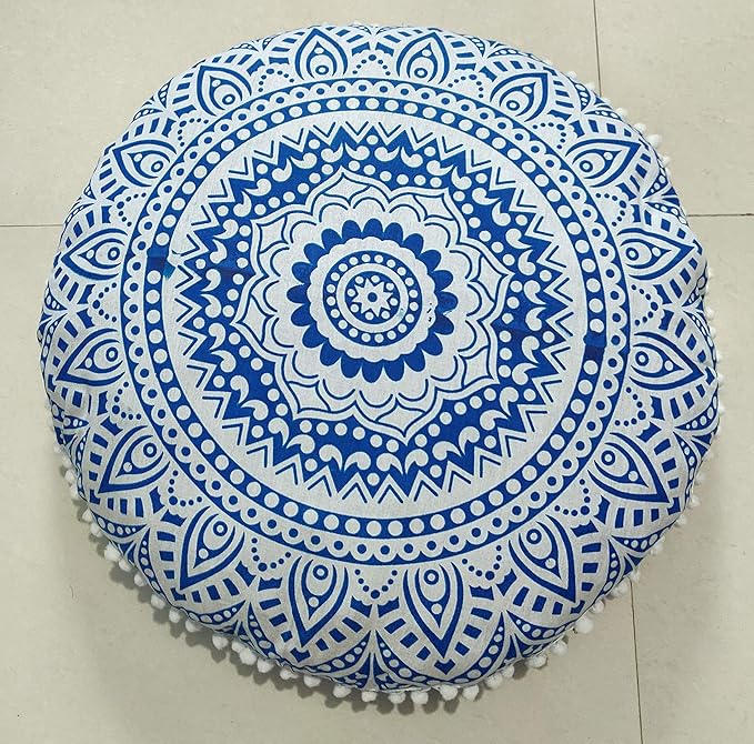 INDIAN CRAFT CASTLE 24" Blue Ombre Mandala Barmeri Large Floor Pillow Cover Cushion Meditation Seating Ottoman Throw Cover Hippie Decorative Zipped Bohemian Pouf Ottoman Pom Pom Cases 24" Round