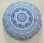 INDIAN CRAFT CASTLE 24" Blue Ombre Mandala Barmeri Large Floor Pillow Cover Cushion Meditation Seating Ottoman Throw Cover Hippie Decorative Zipped Bohemian Pouf Ottoman Pom Pom Cases 24" Round