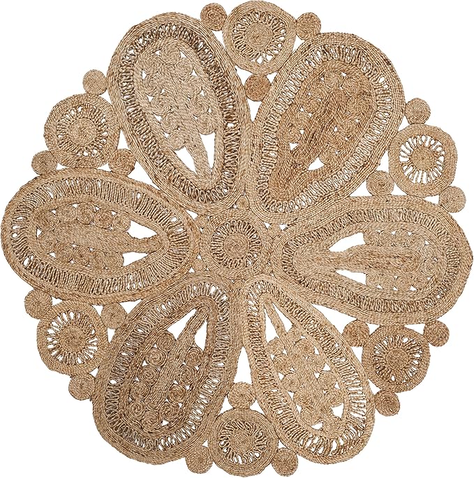 SAFAVIEH Area Rug 8' Round - Natural Fiber Collection - Natural Brown, Handmade Jute, Decorative Boho Floral Design (NF360A)