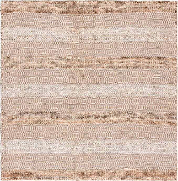 SAFAVIEH Natural Fiber Collection Area Rug - 6'6" Square, Ivory & Natural, Handmade Flat Weave Stripe Jute & Cotton, Ideal for High Traffic Areas in Living Room, Bedroom (NFB652A)