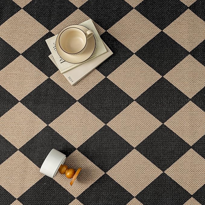 6x9 Checkered Easy Jute Area Rug for Living Room Large Checkerboard Washable Indoor Outdoor Carpet Farmhouse Patio Office Mat Geometric Non Slip Black Carpet for Backyard Dining Room