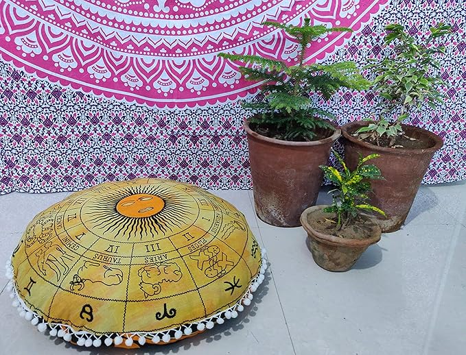 INDIAN CRAFT CASTLE 24" Yellow Zodiac Mandala Barmeri Large Floor Pillow Cover Cushion Meditation Seating Ottoman Throw Cover Hippie Decorative Zipped Bohemian Pouf Ottoman Pom Pom Cases 24" Round