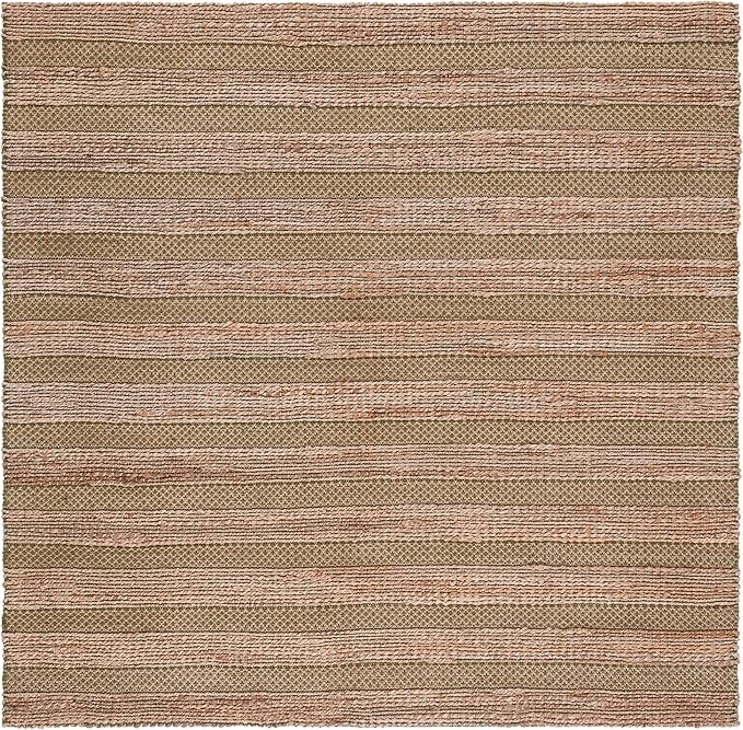 SAFAVIEH Natural Fiber Collection Area Rug - 6'6" Square, Green & Natural, Handmade Boho Farmhouse Rustic Jute & Cotton Jute, Ideal for High Traffic Areas in Living Room, Bedroom (NFB654Y)