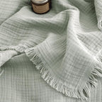 FOSSA Muslin Blanket with Fringe - 4-Layer 100% Cotton Gauze Super Soft & Breathable Throw -Lightweight Decorative Cooling Blanket for Bed, Sofa, Office (Sage Green, Super King (108" × 98"))