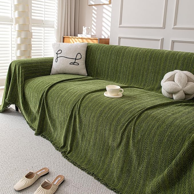 Boho Chenille Couch Cover for Dogs, Non Slip Sofa Cover, Couch Slipcover Covers for 3 Cushion, Furniture Protector with Tassels for Pets Washable, 91"x134", Fishbone Green