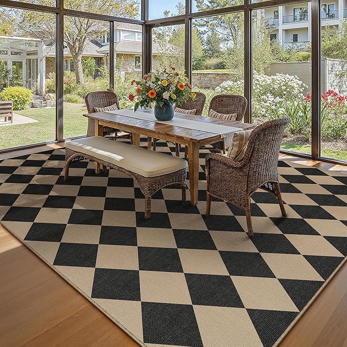 8x10 Checkered Easy Jute Area Rug for Living Room Large Checkerboard Washable Indoor Outdoor Carpet Farmhouse Patio Office Mat Geometric Non Slip Black Carpet for Backyard Dining Room