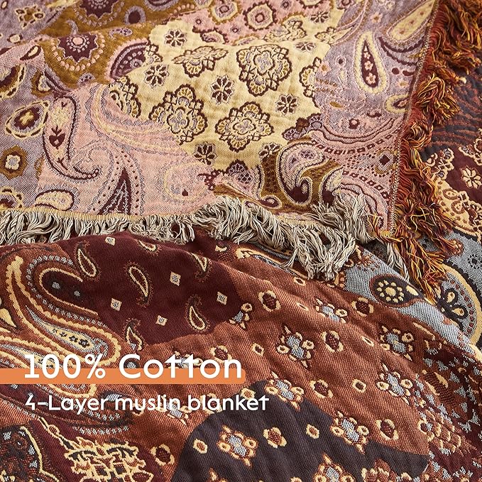 Boho Throw Blanket for Bed 90”x98”, 100% Cotton Woven Blanket for Couch Sofa, Ultra Soft 4-Layer Muslin Quilt with Floral Printed, Farmhouse Bed Blanket/Cover for Living Room Decor