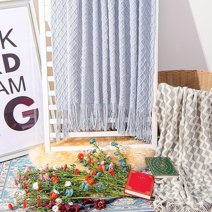 NTBAY Acrylic Knitted Throw Blanket, Lightweight and Soft Cozy Decorative Woven Blanket with Tassels for Travel, Couch, Bed, Sofa, 51x67 Inches, Light Grey Checkered