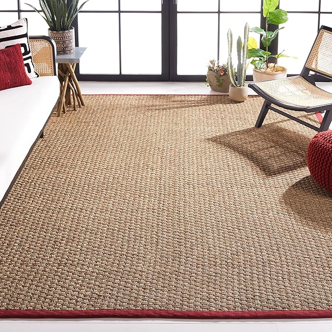 SAFAVIEH Area Rug 6' Square - Natural Fiber Collection - Natural & Red, Seagrass, Basketweave Pattern with Border (NF114D)