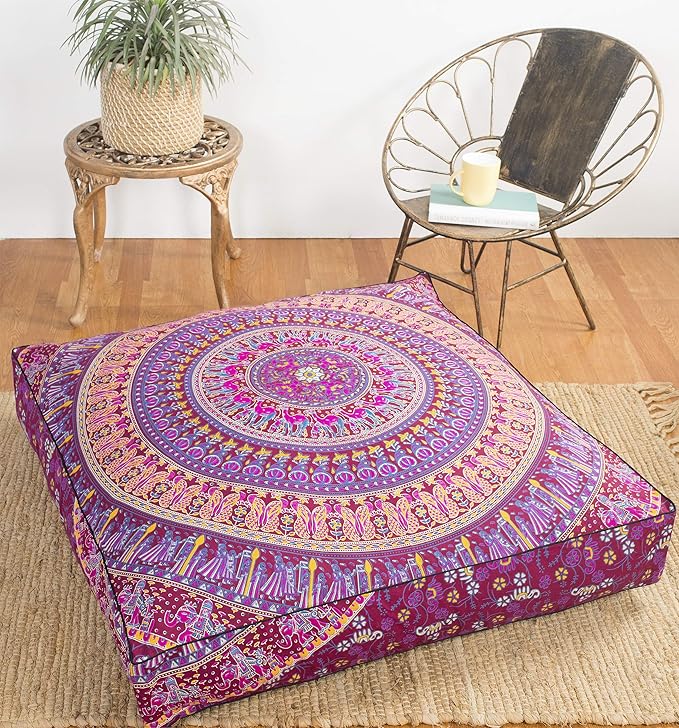 Popular Handicrafts Floor Pillow Cushion Cover - Hippie Mandala Square Ottoman Indian Elephant Camel Daybed Oversized Cotton Cushion Cover with Heavy Duty Zipper - Dog-Pets Bed, 35" Maroon Pink
