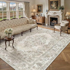 10x12 Area Rug Beige Washable Vintage Distressed Living Room Carpet Large Bedroom Indoor Medallion Floral Non Slip Retro Throw Floor Mat for Office Dining Room Kitchen Bathroom