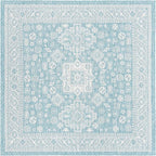 Rugs.com Outdoor Aztec Collection Rug – 8 Ft Square Aqua Flatweave Rug Perfect for Living Rooms, Kitchens, Entryways