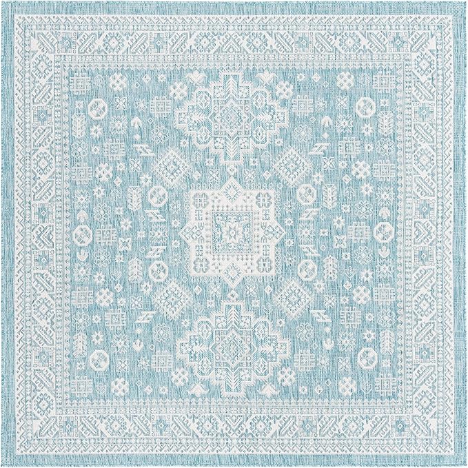 Rugs.com Outdoor Aztec Collection Rug – 8 Ft Square Aqua Flatweave Rug Perfect for Living Rooms, Kitchens, Entryways