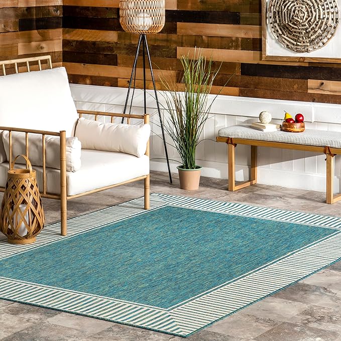 Nuloom Asha Teal/Ivory, 6'7" x 9', Casual, Striped Border, Soft and Cozy, High Traffic, Stain Resistant, Easy Clean, Durable Area Rug for Indoor/Outdoor Patio, Deck, Porch, Garden, Courtyard