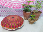 INDIAN CRAFT CASTLE 24" Red Peacock Mandala Barmeri Large Floor Pillow Cover Cushion Meditation Seating Ottoman Throw Cover Hippie Decorative Zipped Bohemian Pouf Ottoman Pom Pom Cases 24" Round