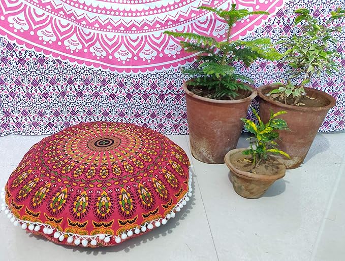INDIAN CRAFT CASTLE 24" Red Peacock Mandala Barmeri Large Floor Pillow Cover Cushion Meditation Seating Ottoman Throw Cover Hippie Decorative Zipped Bohemian Pouf Ottoman Pom Pom Cases 24" Round