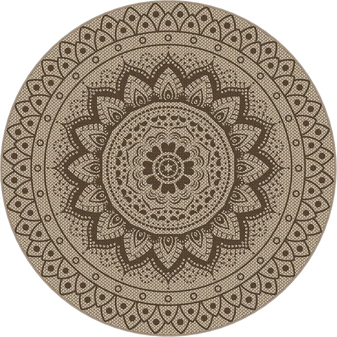Outdoor Round Rug 5ft, Easy Jute Rug Washable Indoor Outdoor Patio Rug, Non Slip Round Area Rug Farmhouse Front Door Mat, Boho Lightweight Carpet for Backyard Patio Entry (Brown, 5 Ft)