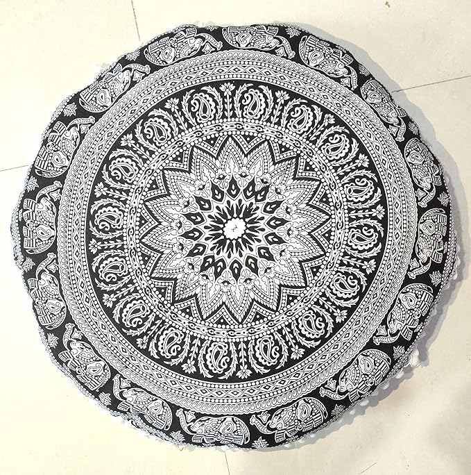 24" Black white Elephant Flower Mandala Barmeri Large Floor Pillow Cover Cushion Meditation Seating Ottoman Throw Cover Hippie Decorative Zipped Bohemian Pouf Ottoman Pom Pom Cases 24 " round