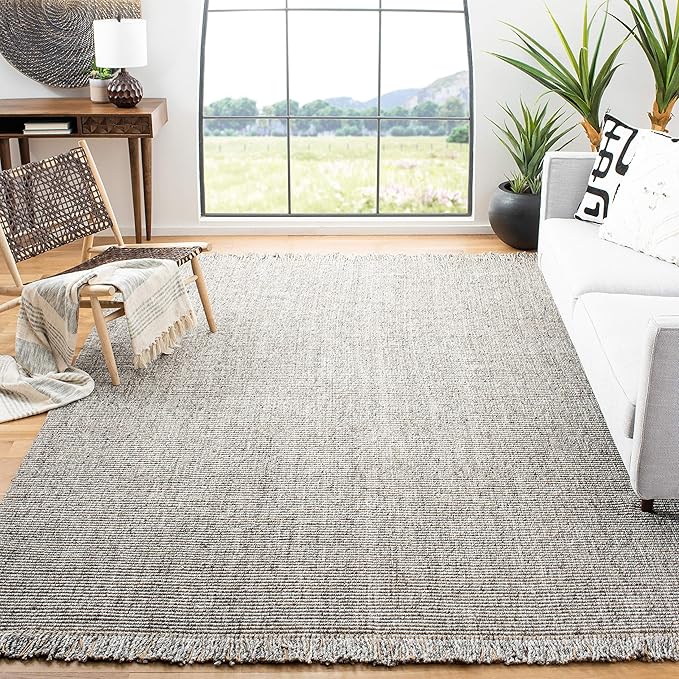 SAFAVIEH Area Rug 8x10 - Natural Fiber Collection - Large - Grey & Natural, Handmade Woven Jute, Fringe Detail, Ideal for Living Room, Bedroom, Dining Space (NF826F)
