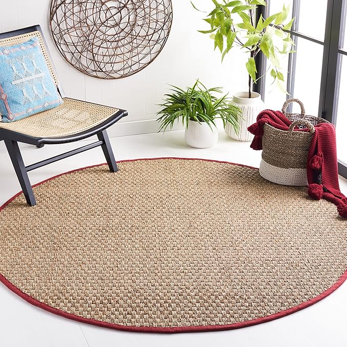SAFAVIEH Area Rug 6' Round - Natural Fiber Collection - Natural & Red, Seagrass, Basketweave Pattern with Border (NF114D)