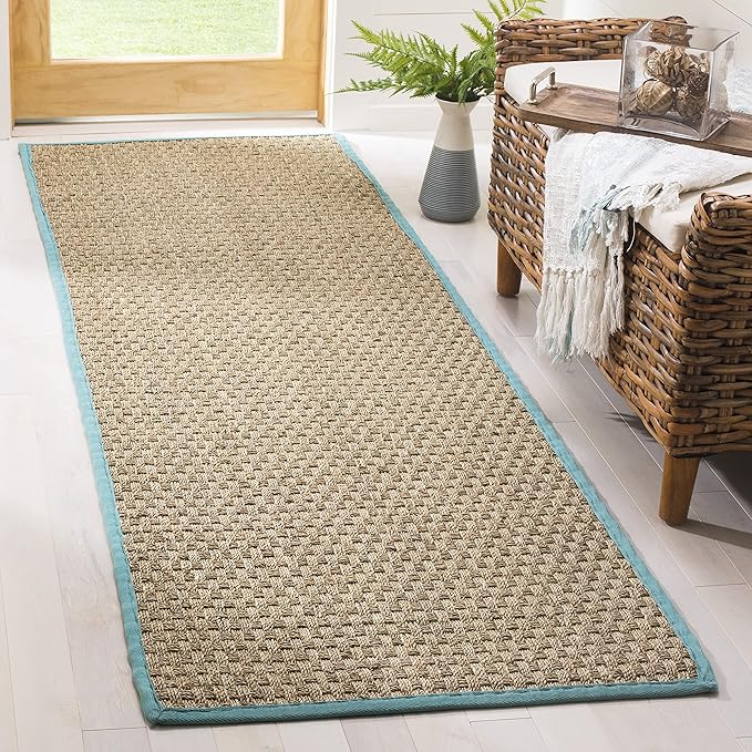 SAFAVIEH Natural Fiber Collection Runner Rug - 2'6" x 10', Natural & Teal, Seagrass, Basketweave Pattern with Border (NF114R)