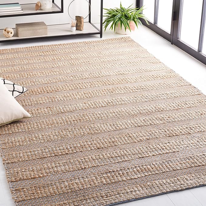 SAFAVIEH Natural Fiber Collection Area Rug - 6'6" Square, Light Blue & Natural, Handmade Boho Farmhouse Rustic Jute & Cotton Jute, Ideal for High Traffic Areas in Living Room, Bedroom (NFB654M)