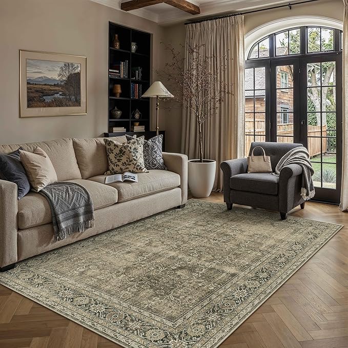 Vintage Area Rug 5x7 Light Brown Bedroom Indoor Kitchen Washable Living Room Carpet Tribal Distressed Retro Accent Throw Rug for Office Dining Room Bathroom Faux Wool
