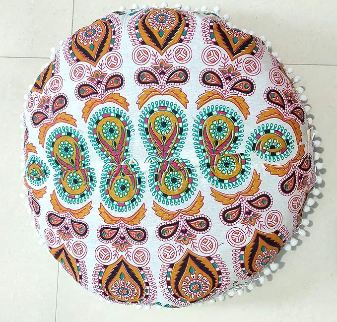 INDIAN CRAFT CASTLE 24" Musturd Peacock Mandala Barmeri Large Floor Pillow Cover Cushion Meditation Seating Ottoman Throw Cover Hippie Decorative Zipped Bohemian Pouf Ottoman Pom Pom Cases 24" Round