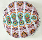 INDIAN CRAFT CASTLE 24" Musturd Peacock Mandala Barmeri Large Floor Pillow Cover Cushion Meditation Seating Ottoman Throw Cover Hippie Decorative Zipped Bohemian Pouf Ottoman Pom Pom Cases 24" Round