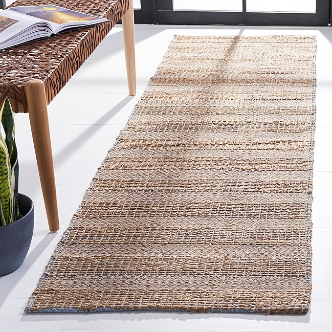 SAFAVIEH Natural Fiber Collection Runner Rug - 2'3" x 8', Light Blue & Natural, Handmade Boho Farmhouse Rustic Jute & Cotton Jute, Ideal for High Traffic Areas in Living Room, Bedroom (NFB654M)