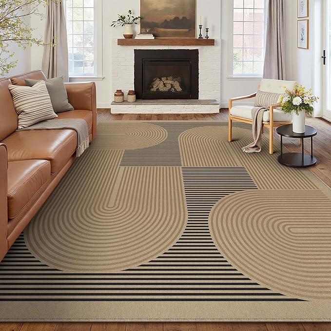8x10 Modern Geometric Easy Jute Area Rug for Living Room Large Washable Indoor Outdoor Carpet Farmhouse Patio Office Mat Geometric Line Non Slip Black Carpet for Backyard Dining Room