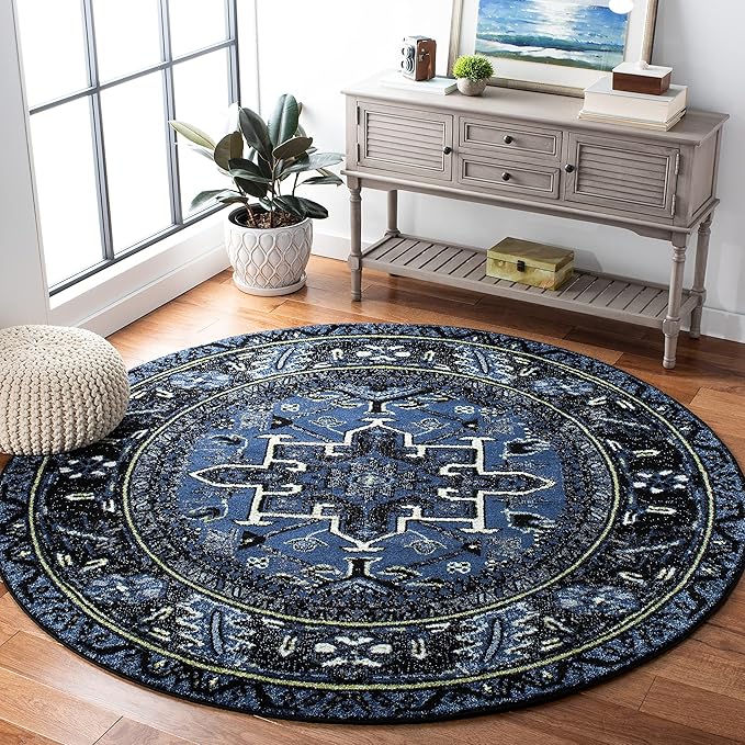 SAFAVIEH Vintage Hamadan Collection Area Rug - 3' Round, Blue & Grey, Traditional Persian Design, Non-Shedding & Easy to Clean, Ideal for Living Room, Bedroom, Dining Space (VTH211N)