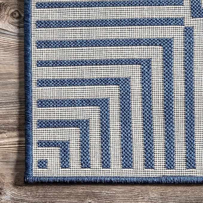 Nuloom Asha Navy/Ivory, 6'7" Round, Casual, Striped Border, Soft and Cozy, High Traffic, Stain Resistant, Easy Clean, Durable Area Rug for Indoor/Outdoor Patio, Deck, Porch, Garden, Courtyard