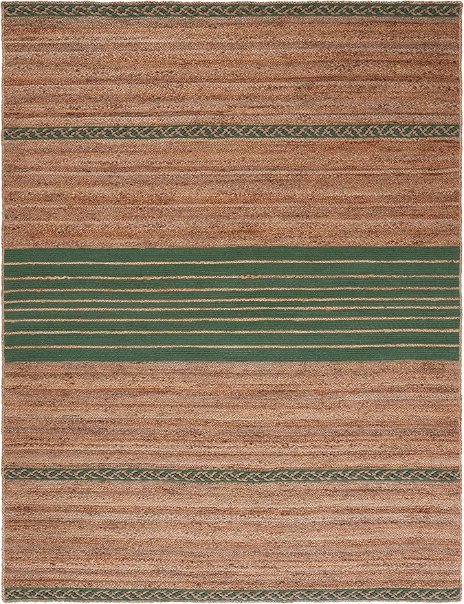 SAFAVIEH Natural Fiber Collection Area Rug - 6' x 9', Natural & Green, Handmade Stripe Boho Farmhouse Rustic Braided Jute, Ideal for High Traffic Areas in Living Room, Bedroom (NFB262Y)