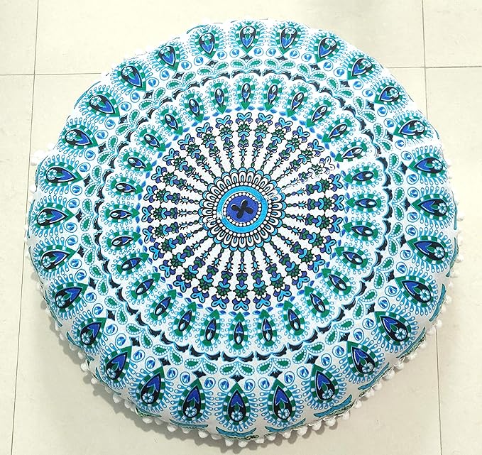 CRAFT KALA Mandala Floor Pillow Cushion Cover Seating Throw Cover Hippie Decorative Bohemian Ottoman Poufs Pom Pom Pillow Cases Boho Indian Cotton Living Room Yoga Home Décor 24" Round Sky Blue Mirchi