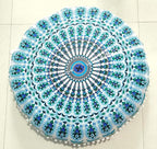 CRAFT KALA Mandala Floor Pillow Cushion Cover Seating Throw Cover Hippie Decorative Bohemian Ottoman Poufs Pom Pom Pillow Cases Boho Indian Cotton Living Room Yoga Home Décor 24" Round Sky Blue Mirchi