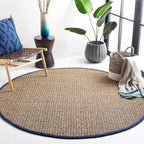 SAFAVIEH Area Rug 6' Round - Natural Fiber Collection - Natural & Blue, Seagrass, Basketweave Pattern with Border (NF114E)