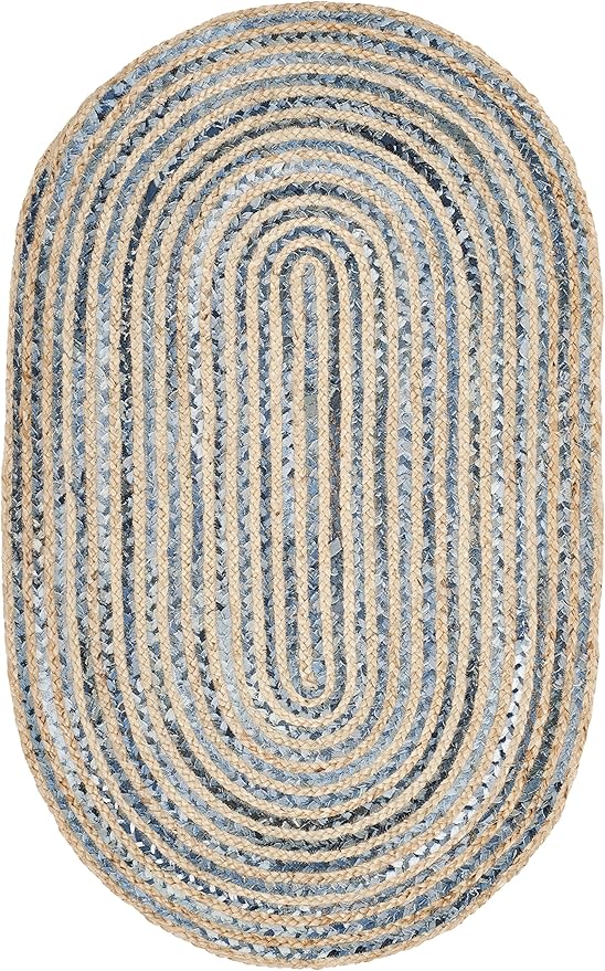 SAFAVIEH Cape Cod Collection Area Rug - 3' x 5' Oval, Natural & Blue, Handmade Flat Weave Jute, Ideal for High Traffic Areas in Living Room, Bedroom (CAP250A)