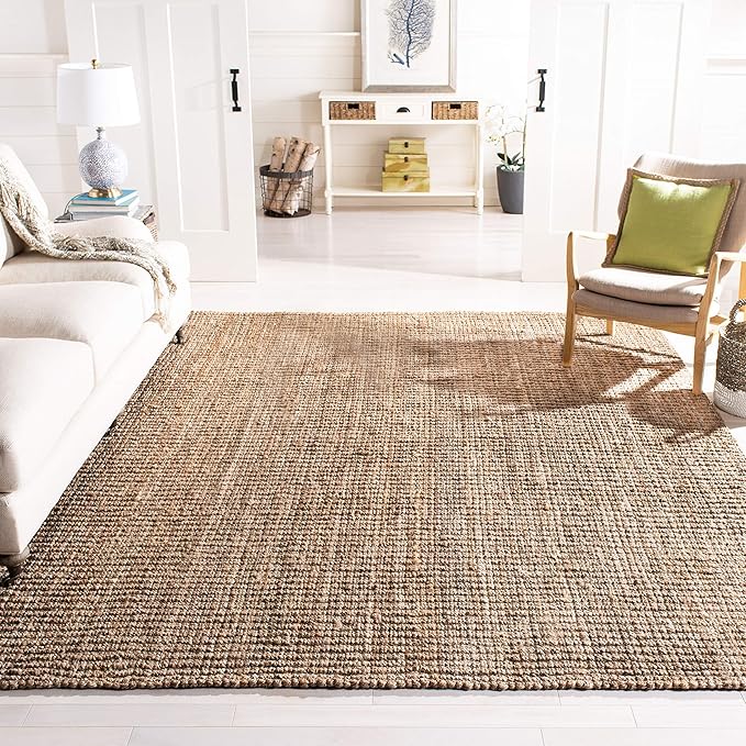 SAFAVIEH Area Rug 10' Square - Natural Fiber Collection - Large - Natural & Grey, Handmade Jute, Farmhouse Style, Chunky Textured Thick Pile (NF447M)