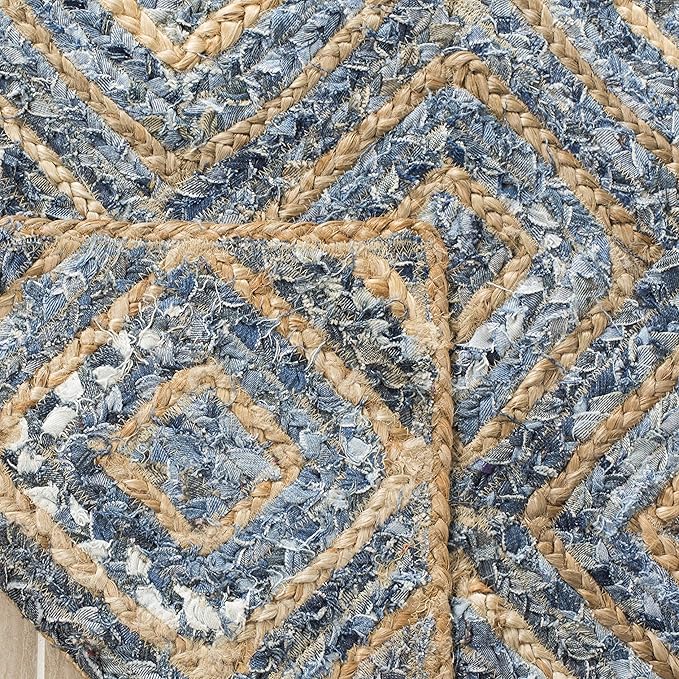 SAFAVIEH Cape Cod Collection Runner Rug - 2'3" x 10', Natural & Blue, Handmade Flat Weave Diamond Braided Jute & Denim, Ideal for High Traffic Areas in Living Room, Bedroom (CAP354A)