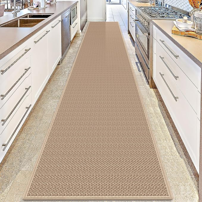 17f Jute Hallway Rug Runner Non Slip, Rubber Backed Waterproof Laundry Runner Mat for Entryway Backyard Dining Room, Khaki
