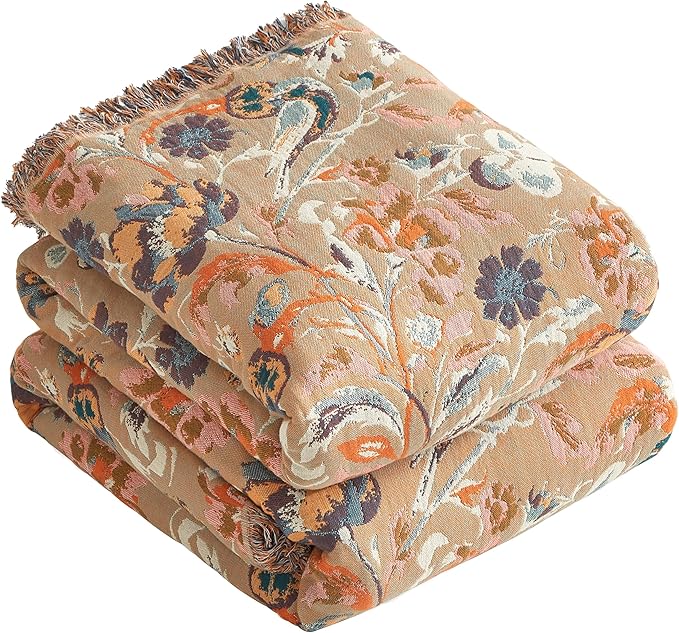 Boho Throw Blanket for Bed 80”x90”, 100% Cotton Woven Blanket for Couch Sofa, Ultra Soft 4-Layer Muslin Quilt with Floral Printed, Farmhouse Bed Blanket/Cover for Living Room Decor