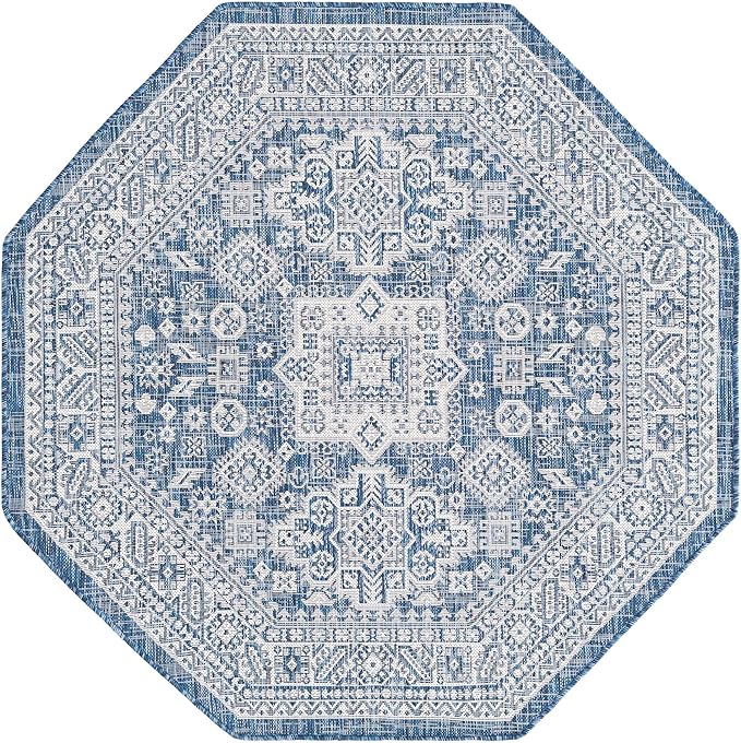 Rugs.com Outdoor Aztec Collection Rug – 5 Ft Octagon Blue Flatweave Rug Perfect for Living Rooms, Kitchens, Entryways