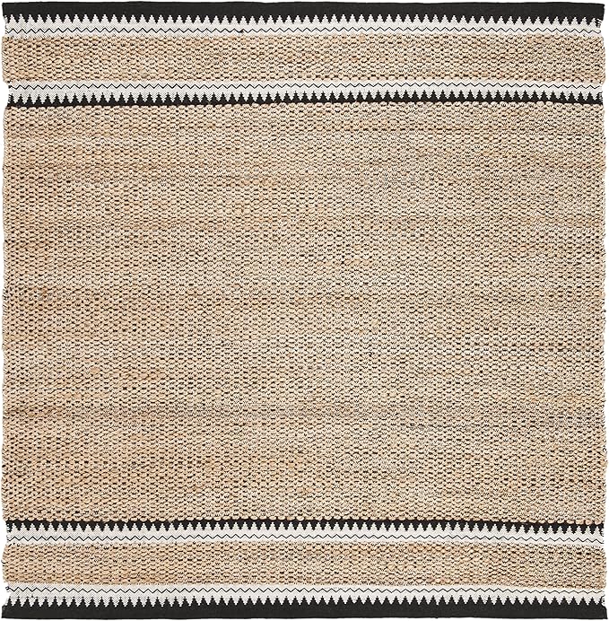 SAFAVIEH Natural Fiber Collection Area Rug - 6' Square, Natural & Black, Handmade Farmhouse Boho Coastal Rustic Jute, Ideal for High Traffic Areas in Living Room, Bedroom (NF874B)